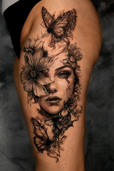 Schwarzes Tattoo einer Frau mit Blumen und Schmetterlingen auf dem Oberschenkel.