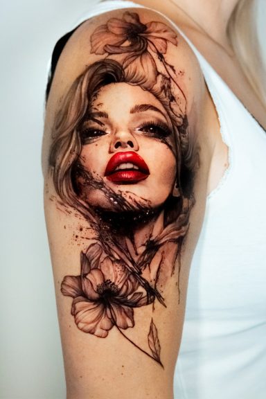Tattoo auf dem Oberarm mit einem Porträt einer Frau und floralen Motiven.