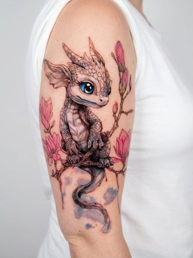 Tattoo eines niedlichen, drachenähnlichen Wesens auf einem Oberarm, umgeben von Blumen.