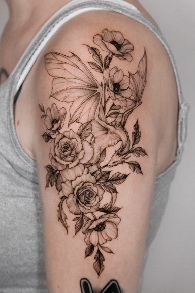 Fine-Line Tätowierung mit Blumenmotiv und Schmetterling auf dem Oberarm.