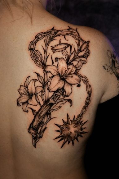 Tattoo auf dem Rücken mit Blumen und einer Sonne in einem kunstvollen Design.